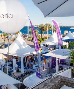 View from a yacht of Port of Cannes during Cannes Loins with branding on yachts and dock tents on a sunny day
