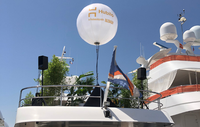 Led balloons & logos on the rear top deck of a yacht rates nb 1 for visibility in Cannes