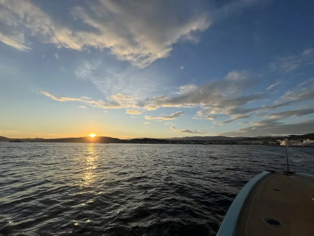Luxury yacht at sunset near the Lerins Islands