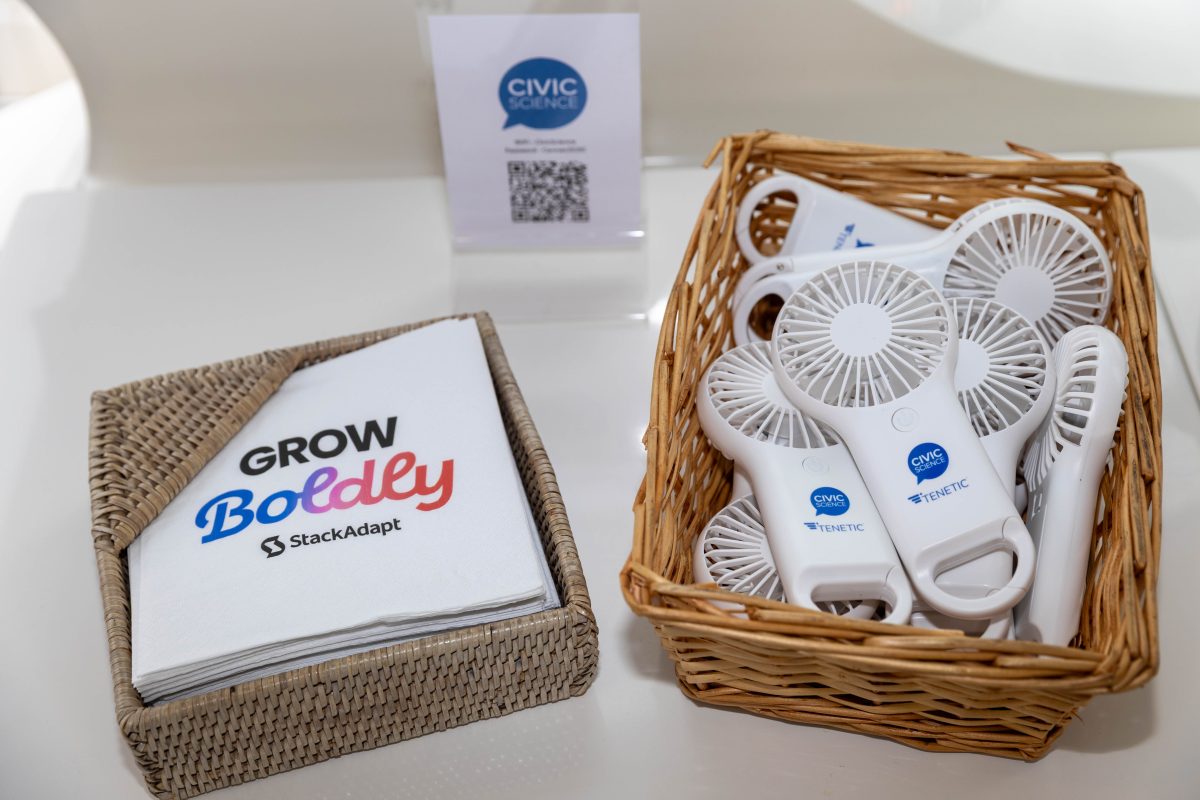 Branded fans and napkins in a yacht saloon during a congress in Cannes