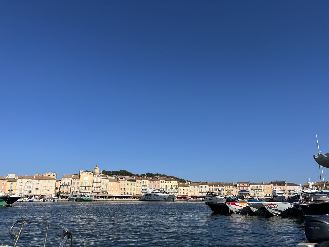 The Cannes waterfront and the old town seen from the sea