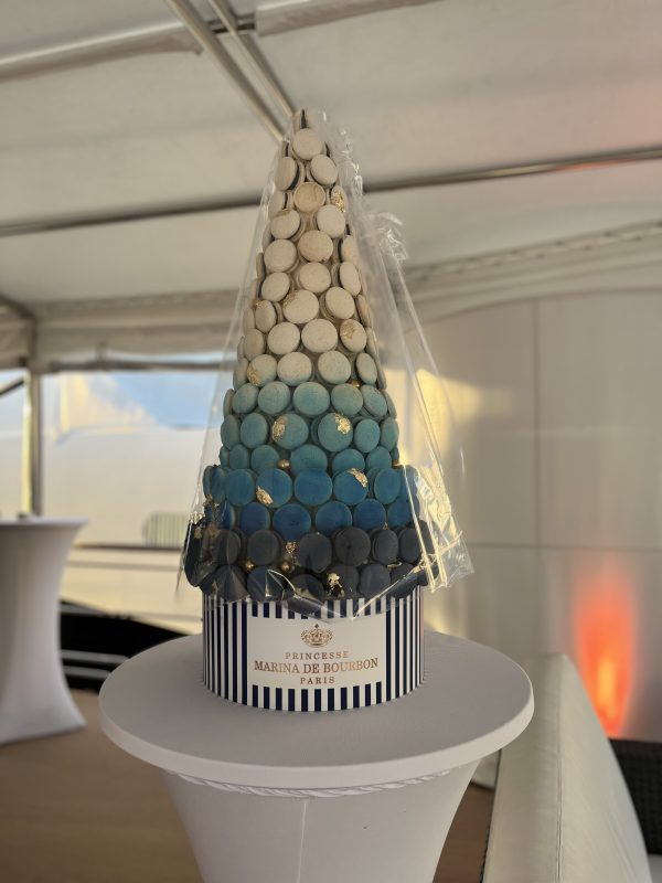 Macaron tower on a yacht deck during a TFWA reception in Cannes