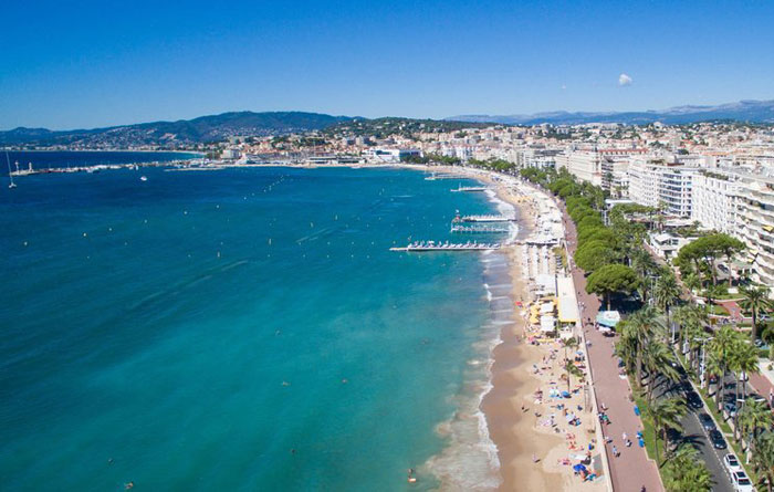 Aerial view of the Croisette beach and the Bay of Cannes with turquoise water
