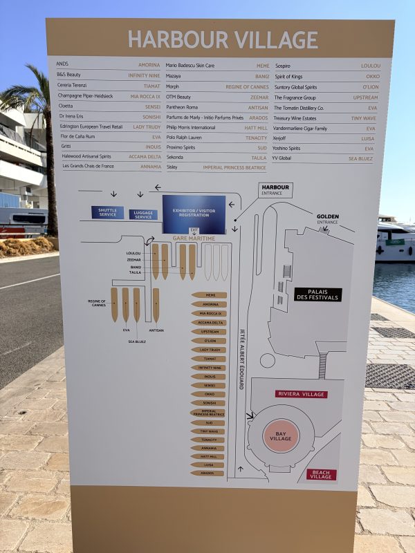 Harbour Village map at TFWA 2026 showing the yachts moored along the Jetée Albert Edouard next to the Palais des Festivals